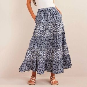 Boden Womens Tiered Maxi Skirt Size‎ 4P Petite Boho Mosaic Blue Zip Floral